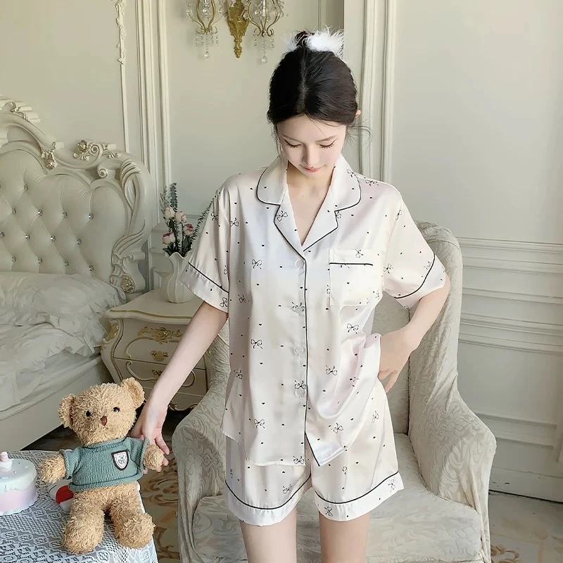 V链接-夏季新款短袖吊带三件套家居服套装高定设计风睡衣薄款套装