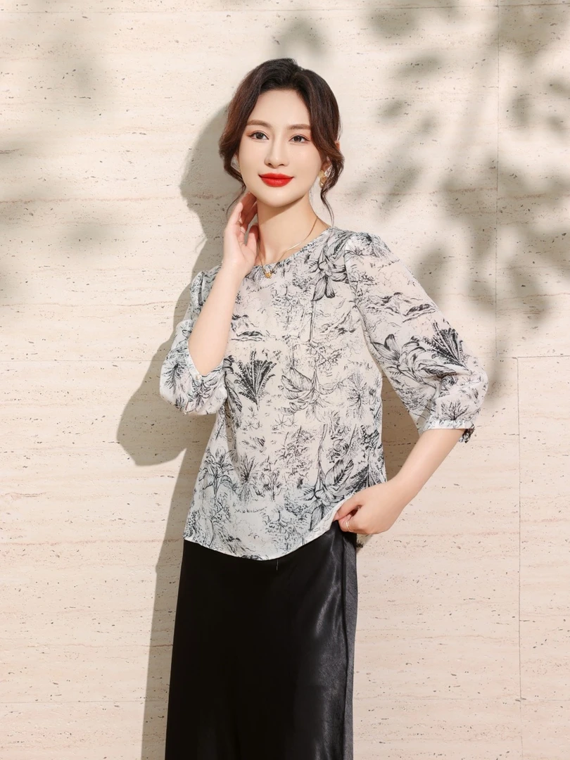 【100%桑蚕丝】高定七分袖衬衣上衣-56205