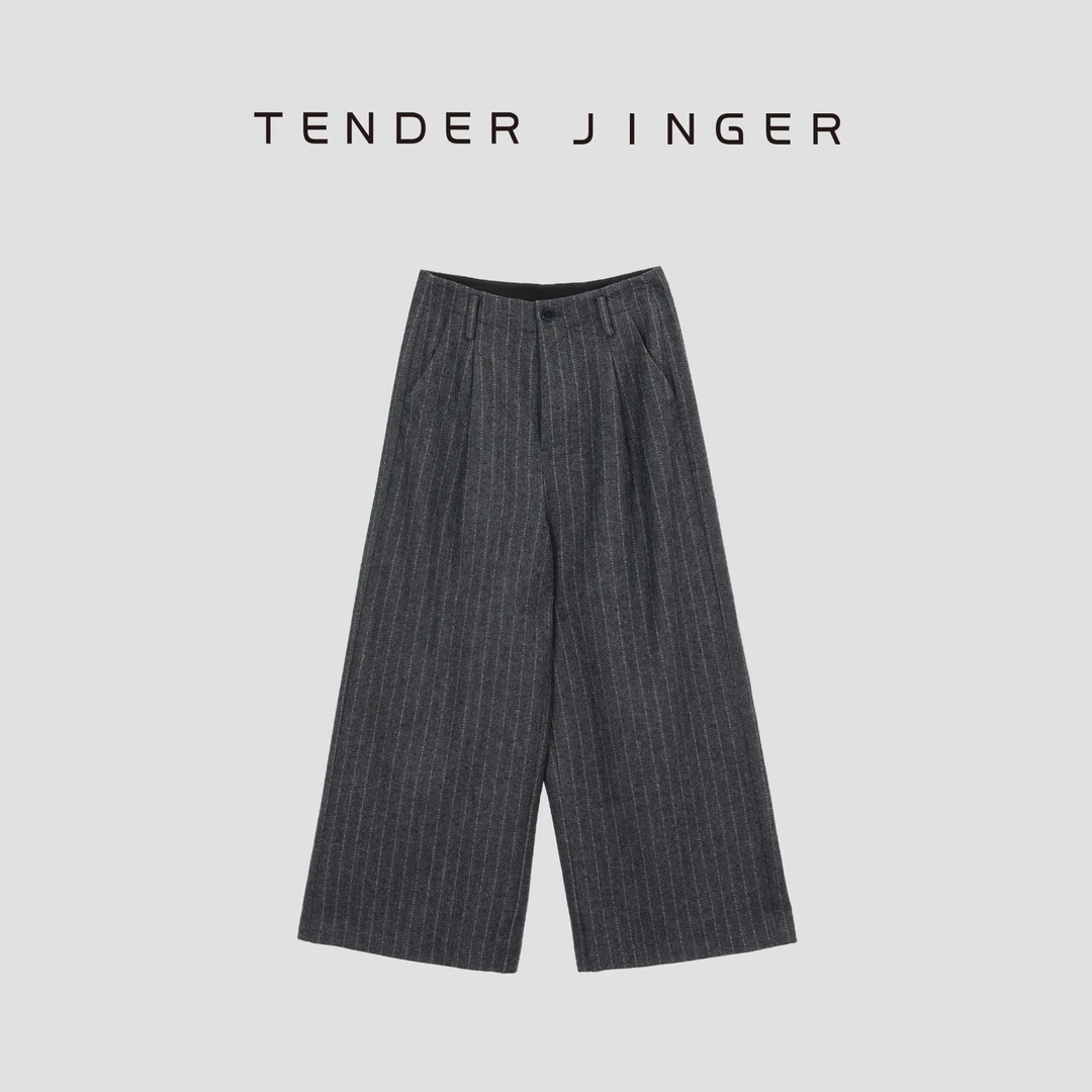 Tender Jinger【黑标】休闲竖条纹保暖阔腿羊毛裤T44SAI79891