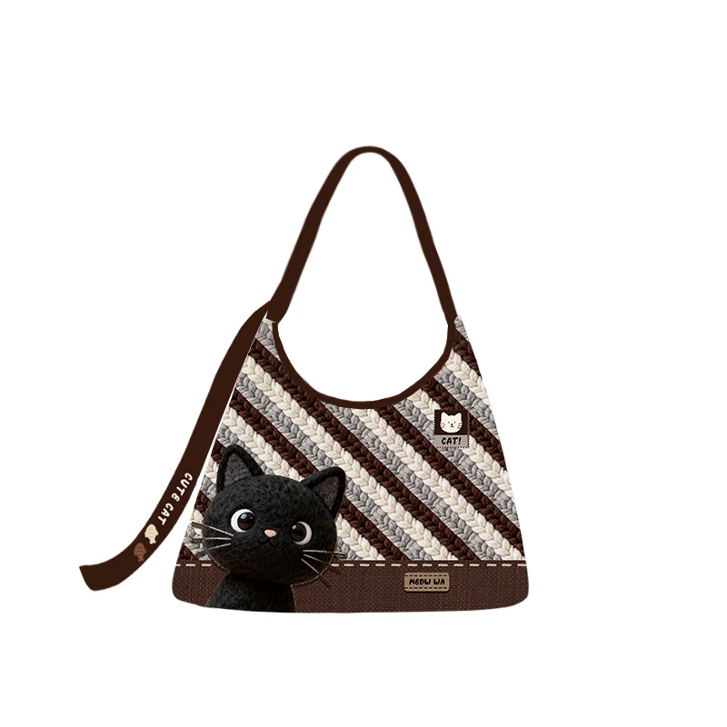 尼睿原创毛毡小黑猫百搭休闲新月单肩斜跨包大容量通勤帆布包包女