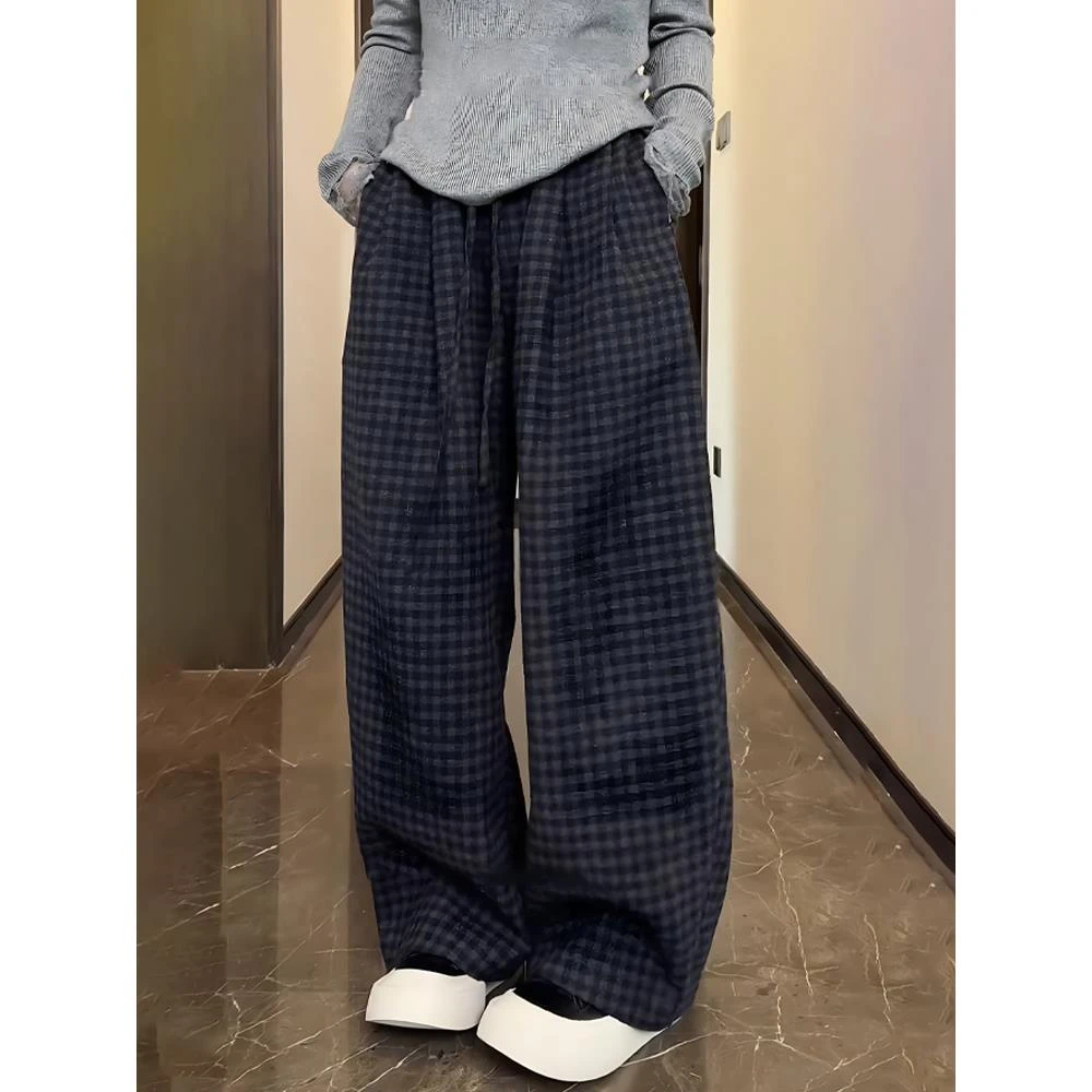 慵懒风格子毛呢休闲裤女秋冬2025新款加绒宽松弛感弯刀香蕉阔腿裤