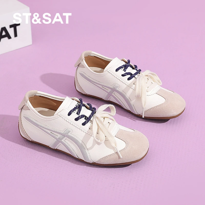 星期六隐形内增高德训鞋女2025夏季新款时尚鸳鸯双鞋带真皮运动鞋