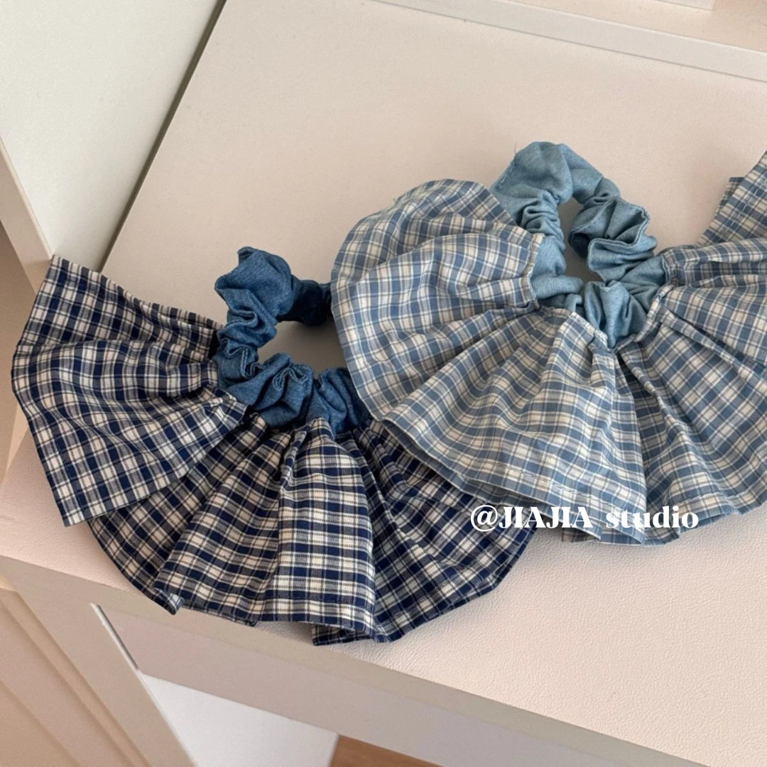 韩版蓝色格子裙摆发圈牛仔头绳扎低马尾皮筋发绳大肠圈头绳发饰