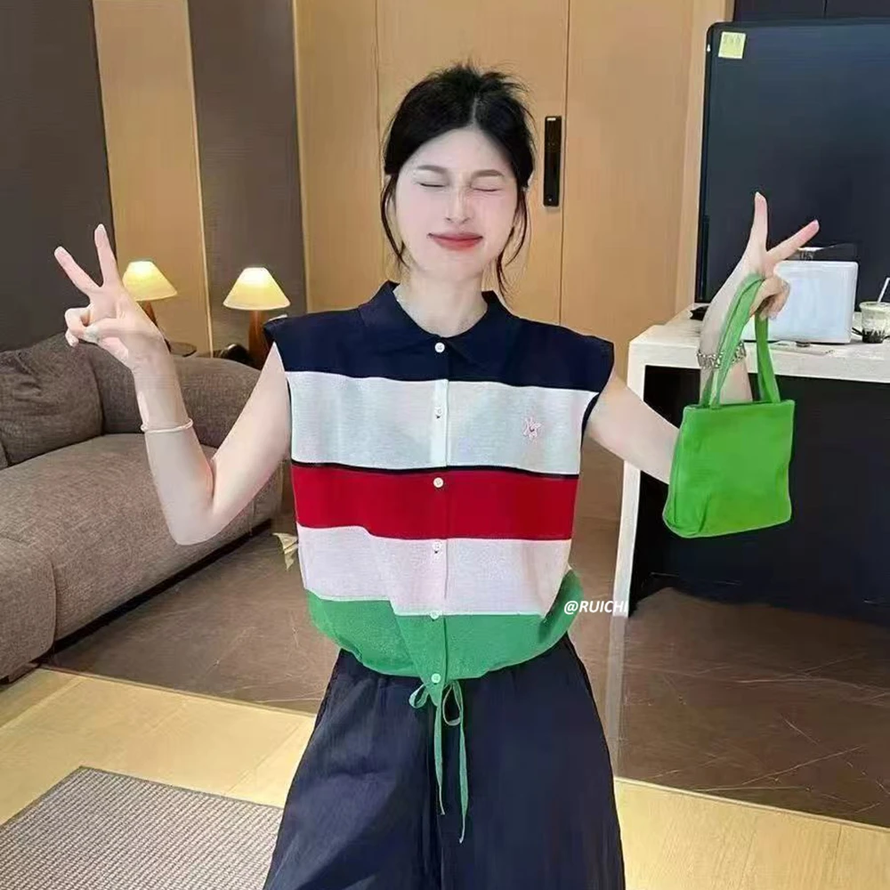 2025夏季休闲风POLO翻领撞色刺绣条纹下摆抽绳设计显瘦针织上衣女