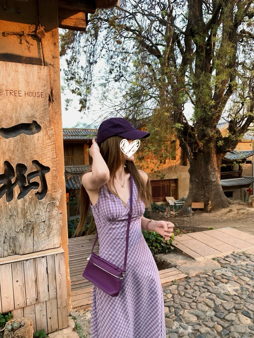 复古格子纹V领无袖背心连衣裙女法式度假风气质收腰修身裙子女