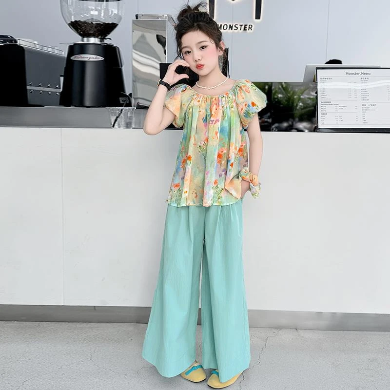 女童夏季短袖套装2025新款洋气女大童夏装山本阔腿裤儿童碎花半袖