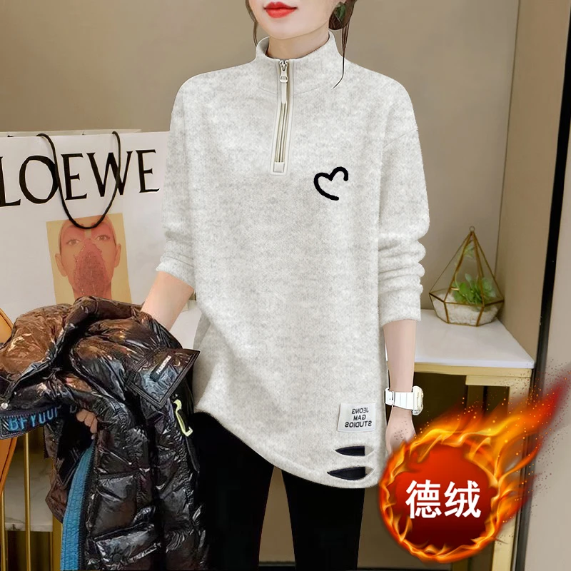 宽松休闲风上衣半高领拉链设计加绒保暖打底衫中长款T恤女德绒