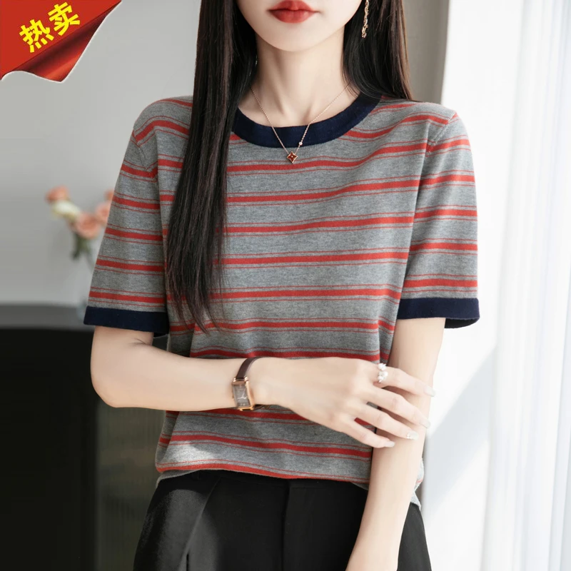 哥弟阿玛施正品夏季新款花条纹短袖t恤棉上衣针织衫圆领棉宽松衣