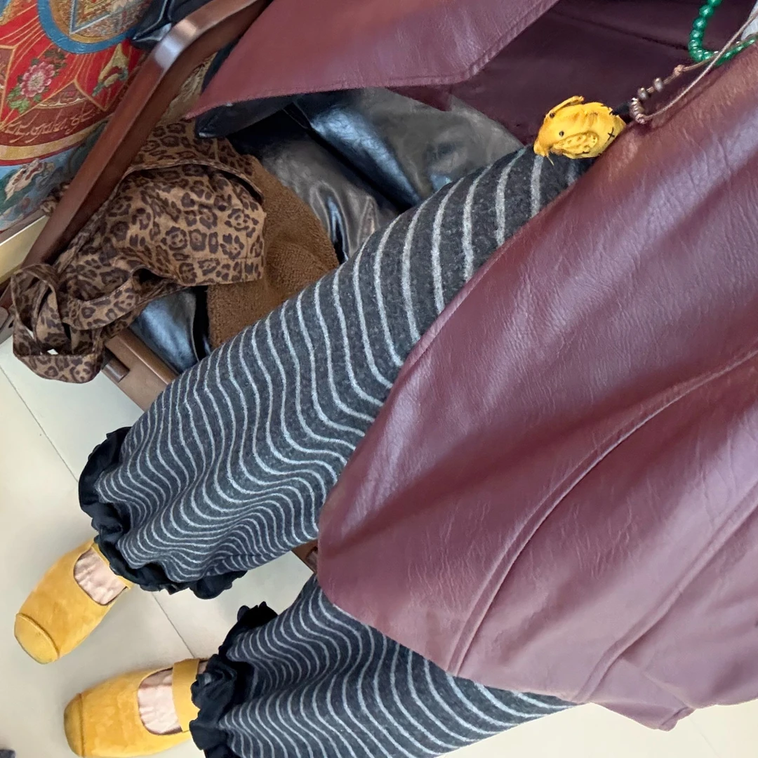 李豆儿 定制韩系复古条纹花边直筒休闲裤子