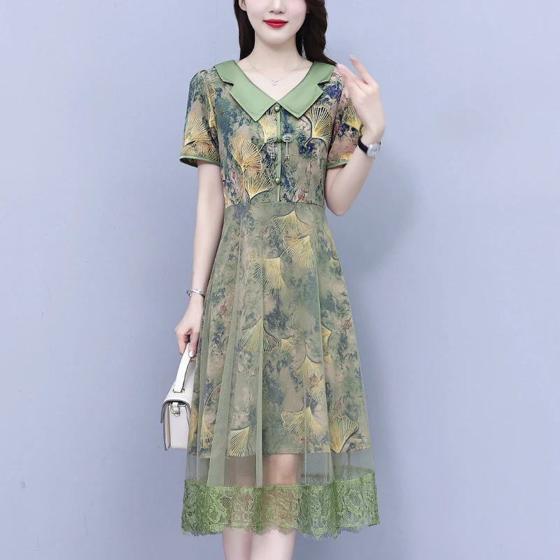 大码女装2025夏季胖新中式国风印花网沙拼接显瘦洋气法式连衣裙