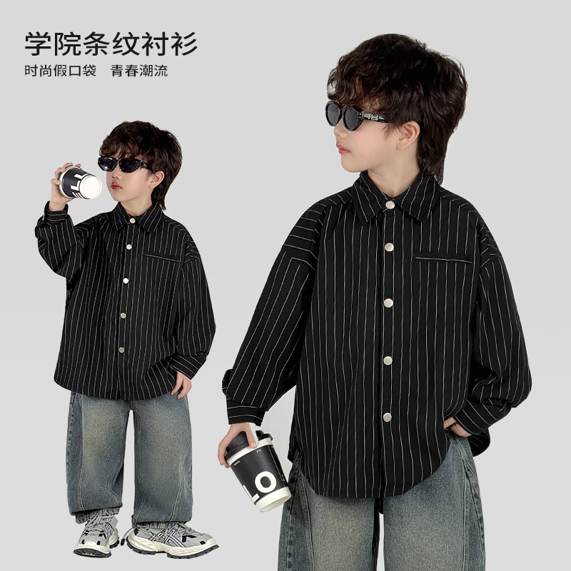 中班仔男童衬衫2025春秋款学院条纹长袖衬衣秋季时尚上衣*39365