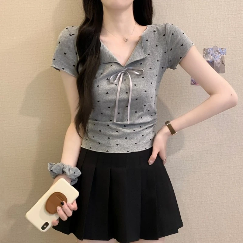 法式别致波点蝴蝶结短袖T恤女夏季设计感漂亮小衫洋气短款小上衣