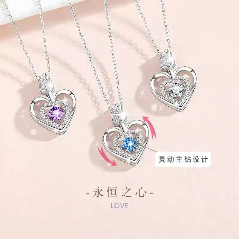 坠链均足银 爱心灵动990足银项链女款玫瑰花锁骨链跳动的心吊坠