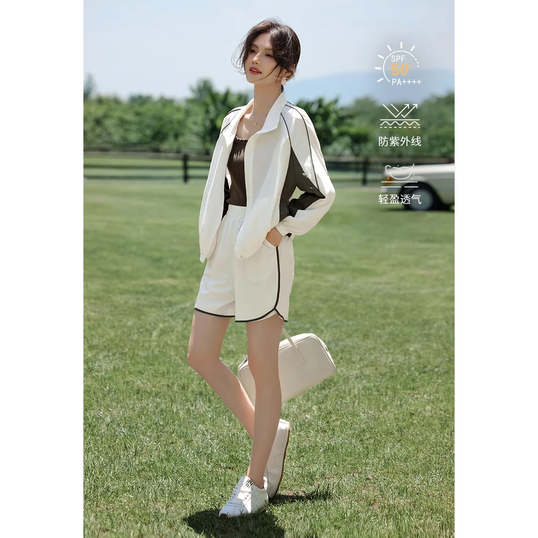 XWI/欣未防晒值UPF50+长袖短裤套装2025夏拼接撞色防晒两件套4004