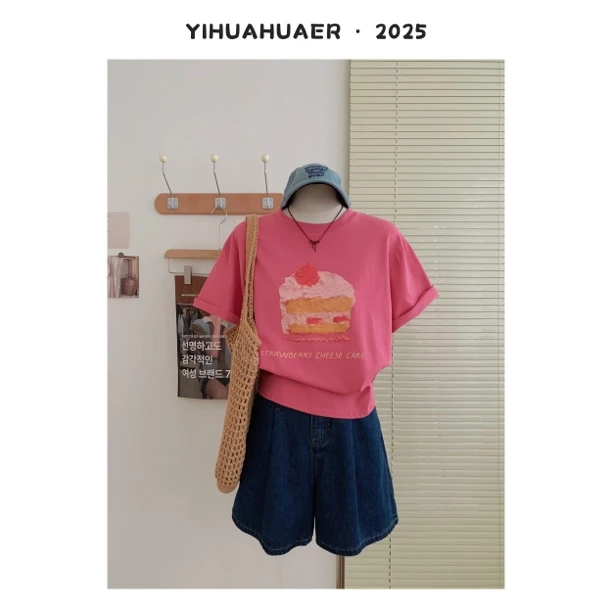 【草莓味蛋糕】东大门韩版新款卡通印花宽松简约百搭吸睛T恤3565