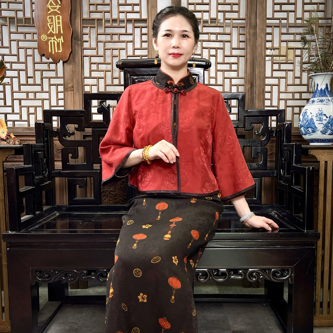 【六月玫瑰】国风日常款缎面玫瑰提花双面双穿外套 G623622-7