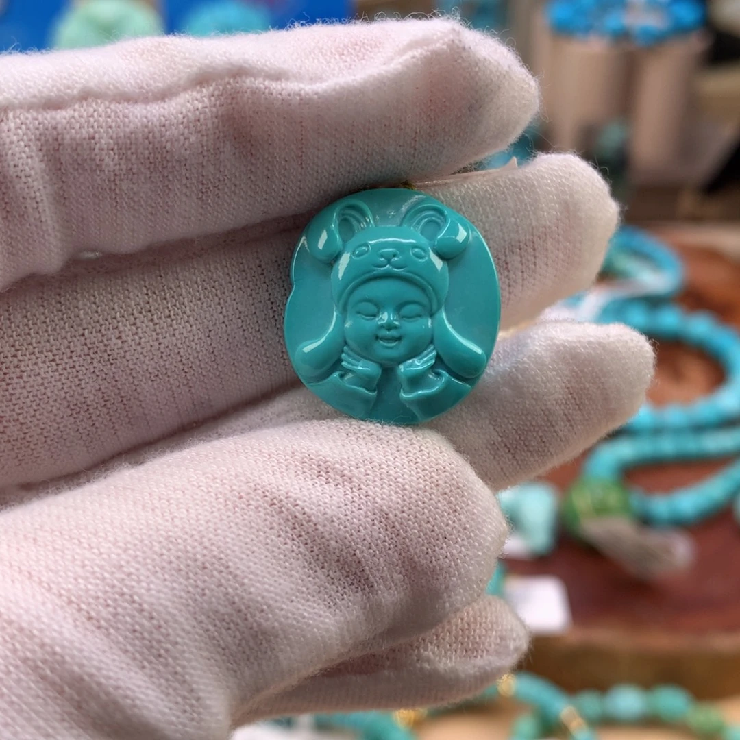 绿松石未镶嵌珠宝奇石高瓷绿小萌娃17.7*19.8mm