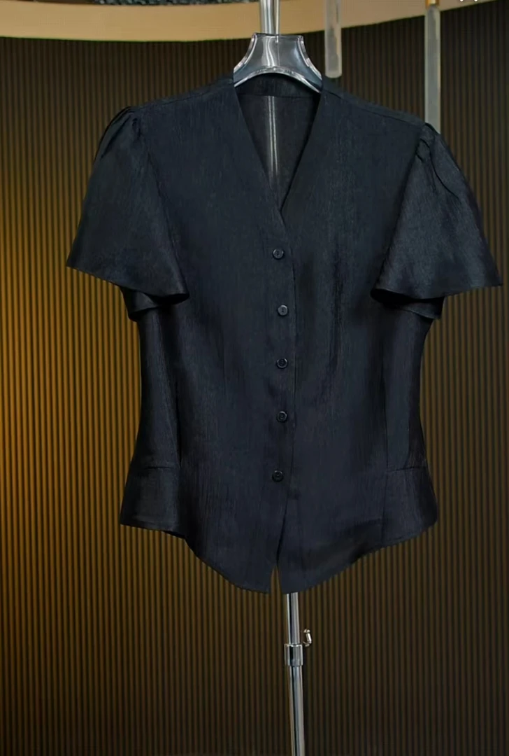 【珠光醋酸锻】夏季短袖V领醋酸衬衫气质不透肉高质感黑色套装x1821