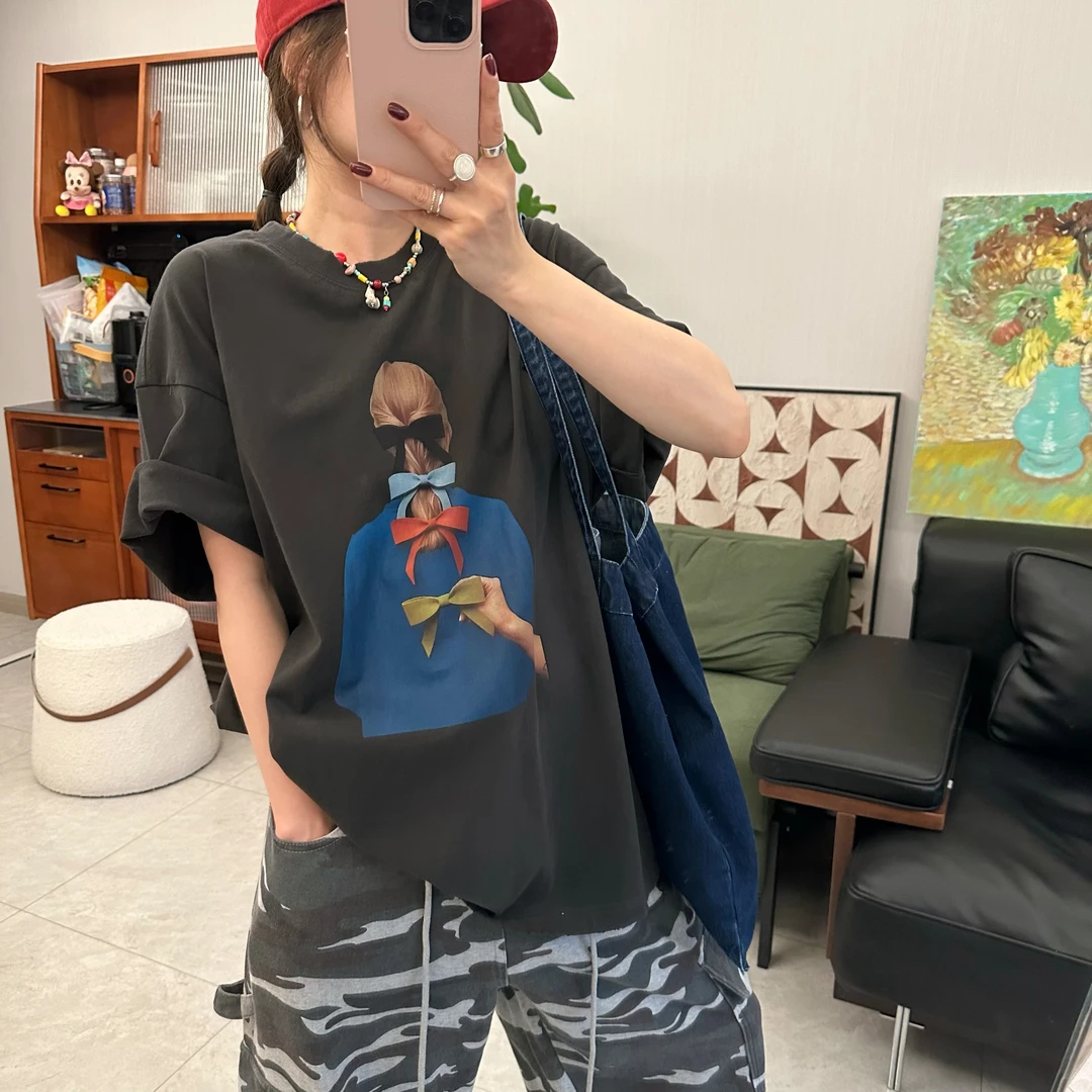 qiqi/琦琦推荐 韩版宽松百搭休闲蝴蝶结女孩图案磨毛棉短袖T恤