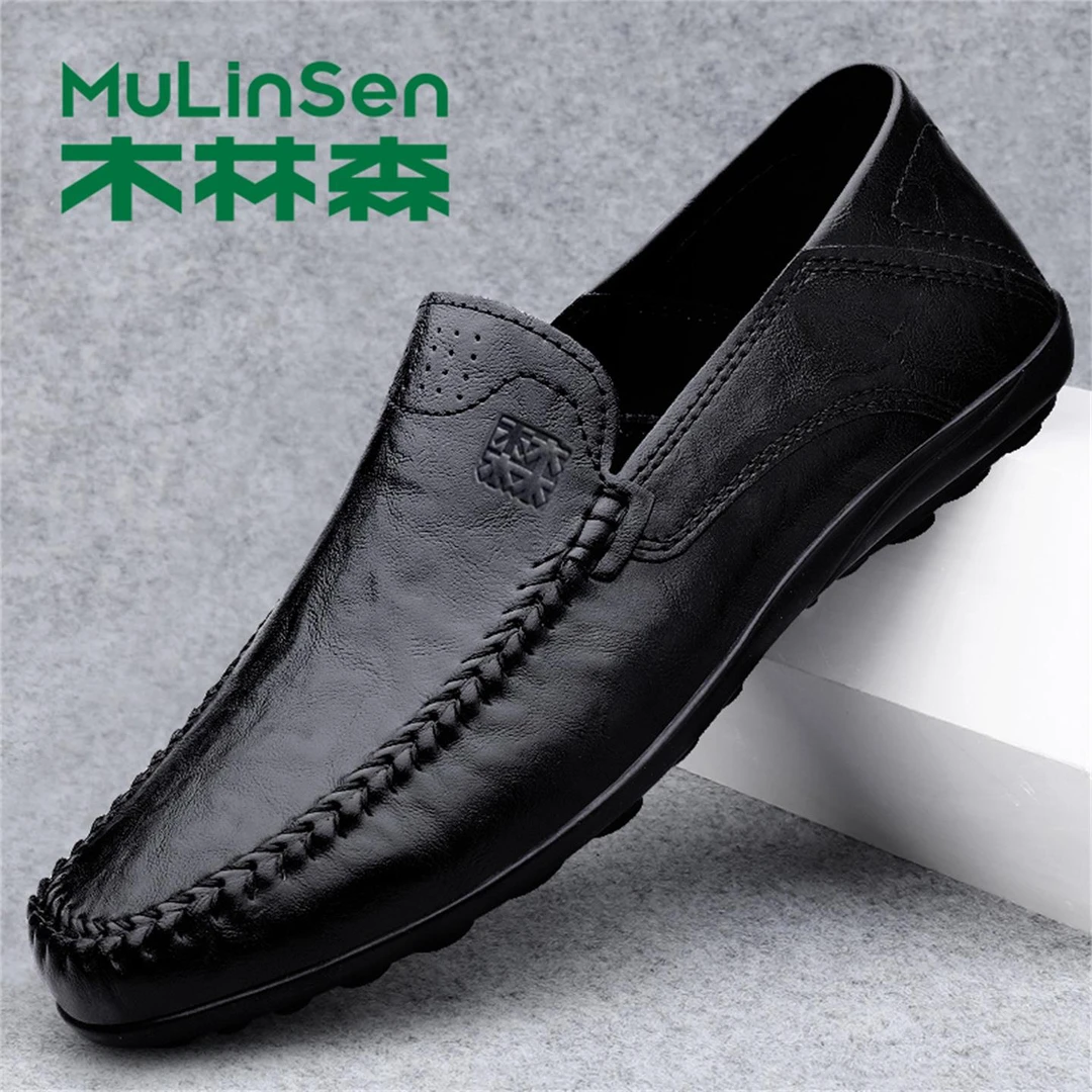 木林森正品新款休闲皮鞋男士软底透气中老年爸爸鞋大尺码豆豆鞋男