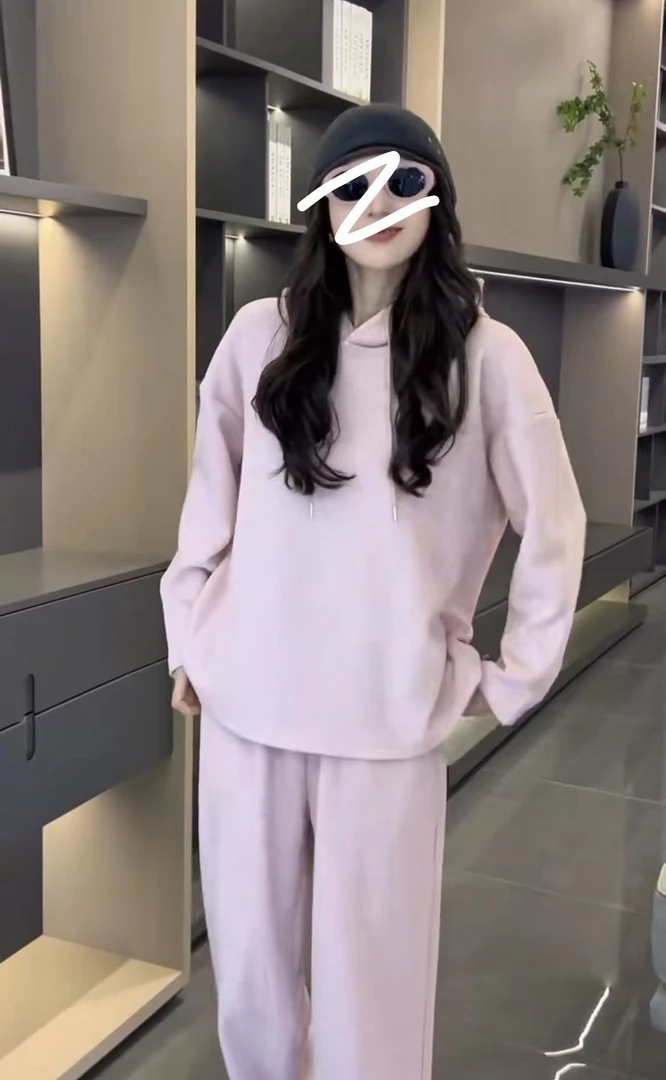 2025年秋冬新款胖mm时尚简约连帽卫衣设计上衣+长裤两件套906