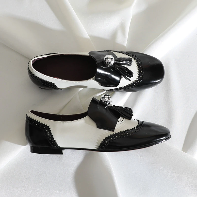 2025春复古单鞋英伦中口拼色流苏乐福鞋通勤百搭羊皮女鞋