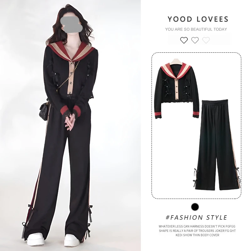 2025新款盐系轻熟减龄休闲假两件海军领开衫高腰直筒长裤两件套女