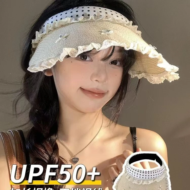 【汐汐专属】蕾丝花边蝴蝶结草编空顶帽女夏季大帽檐遮阳防晒帽海边