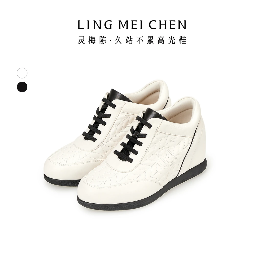 苏西【刺绣麦穗】时尚休闲鞋系带厚底黑色鞋类久站运动休闲鞋低帮