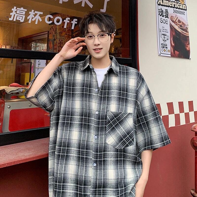 潮流格子衬衣学生夏季薄款短袖港风休闲初高中学生少年短袖衬衫