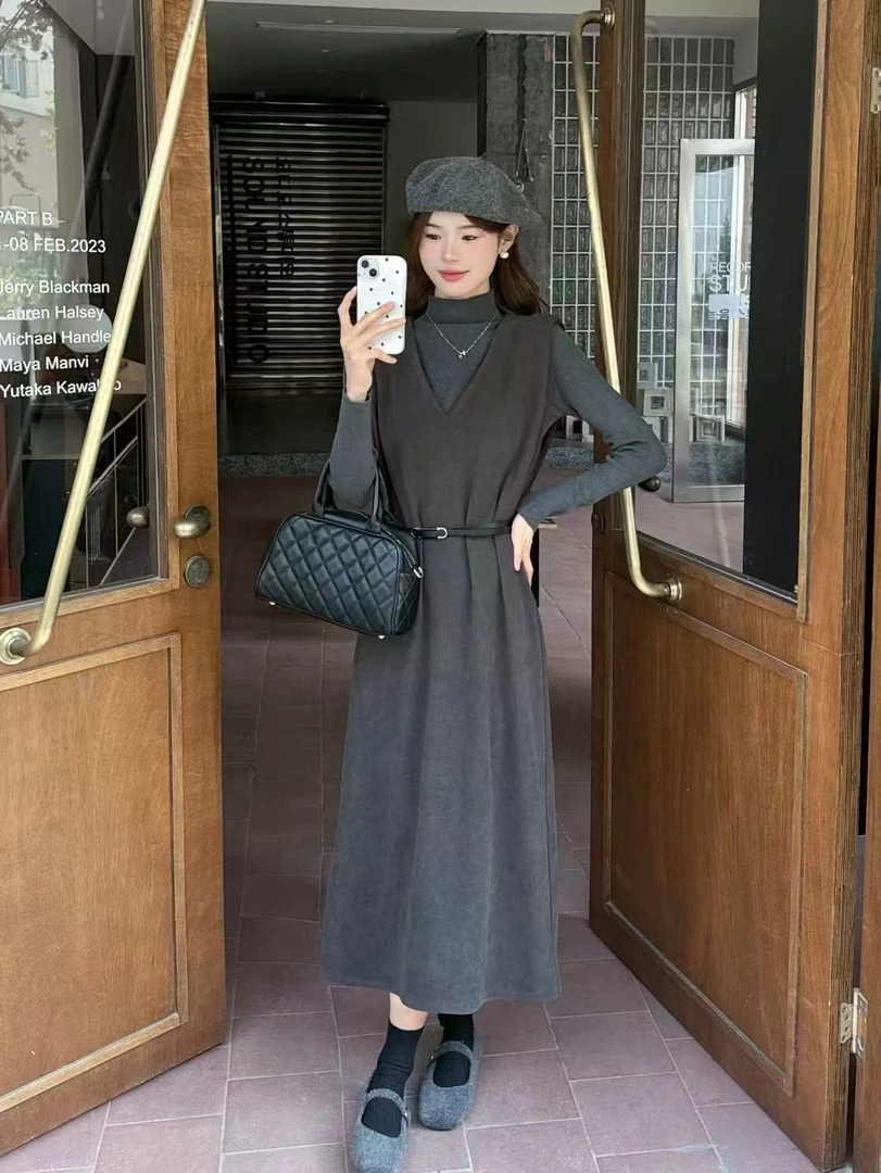 美美推荐32271 背心裙新款法式气质V领高级感大码长款毛呢连衣裙