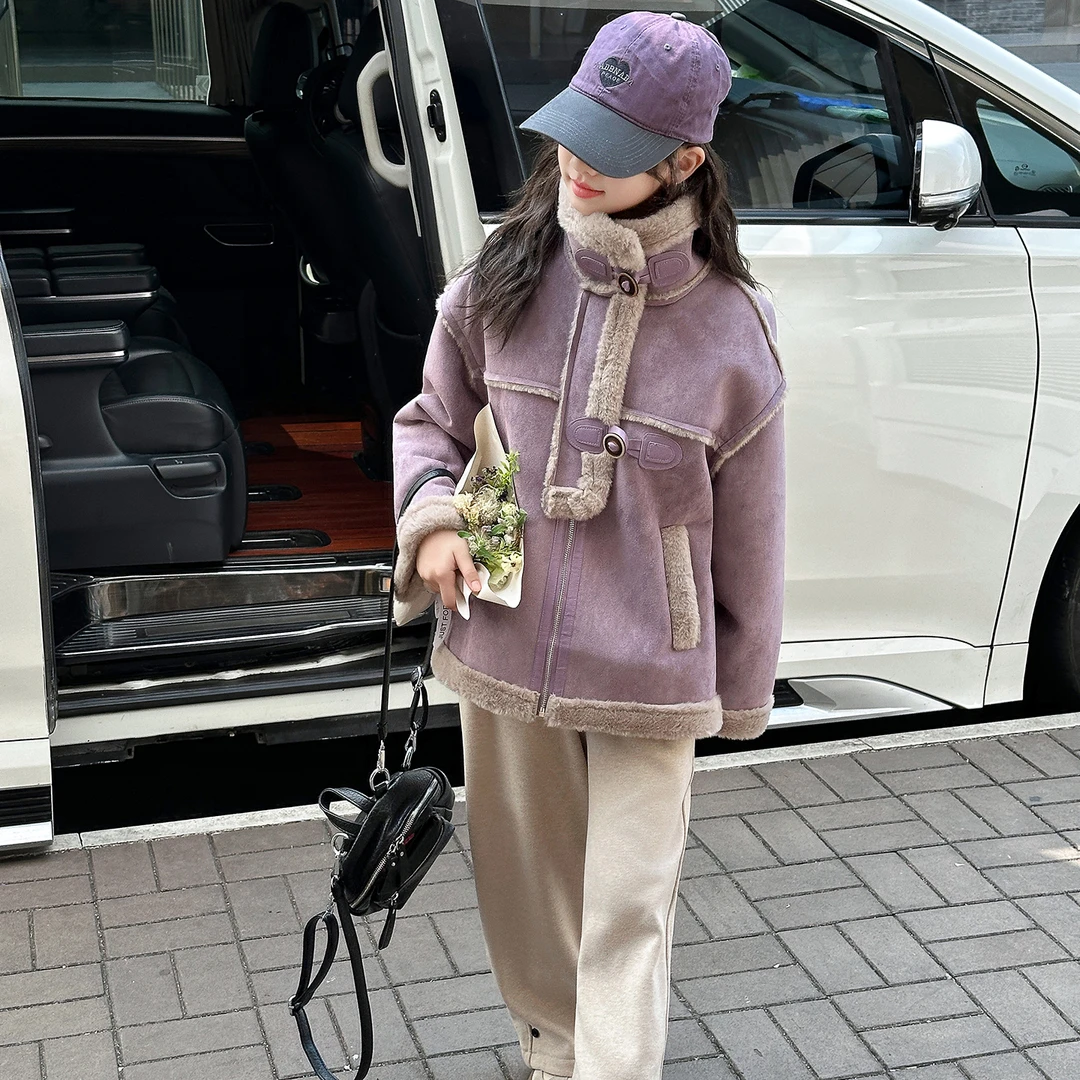 女童皮毛一体外套2025冬季新款女孩大童加绒加厚毛毛衣超好看衣服