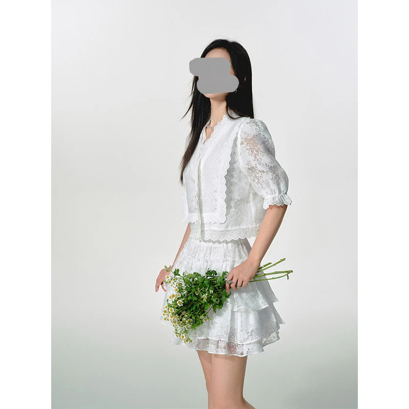 重工优雅刺绣网纱拼接上衣松紧腰半身裙两件套夏季梦幻少女风格