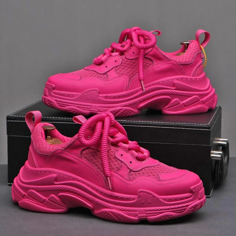 okkdey男款真皮拼网老爹鞋轻奢粉色潮流厚底玫红色火龙果透气款