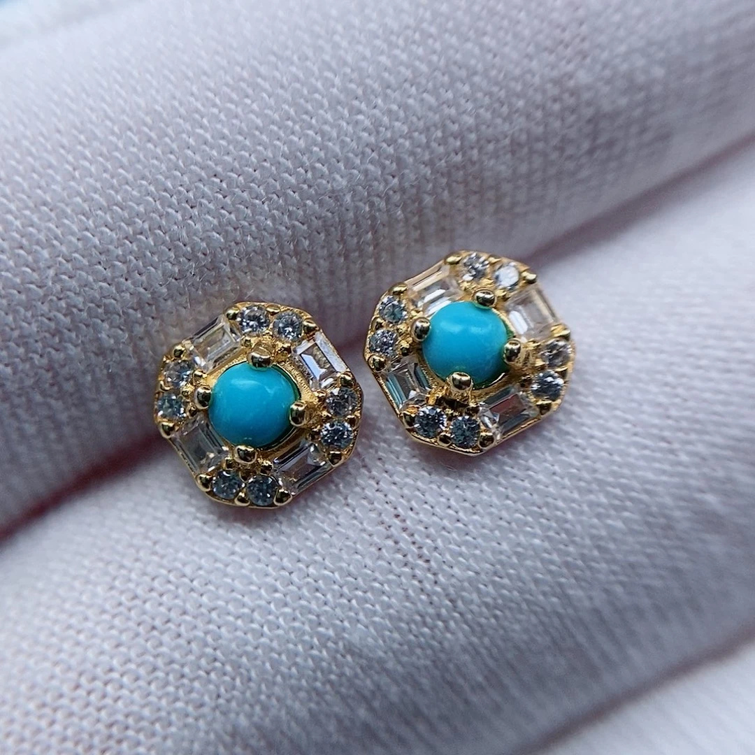 绿松石耳钉银S925镶嵌