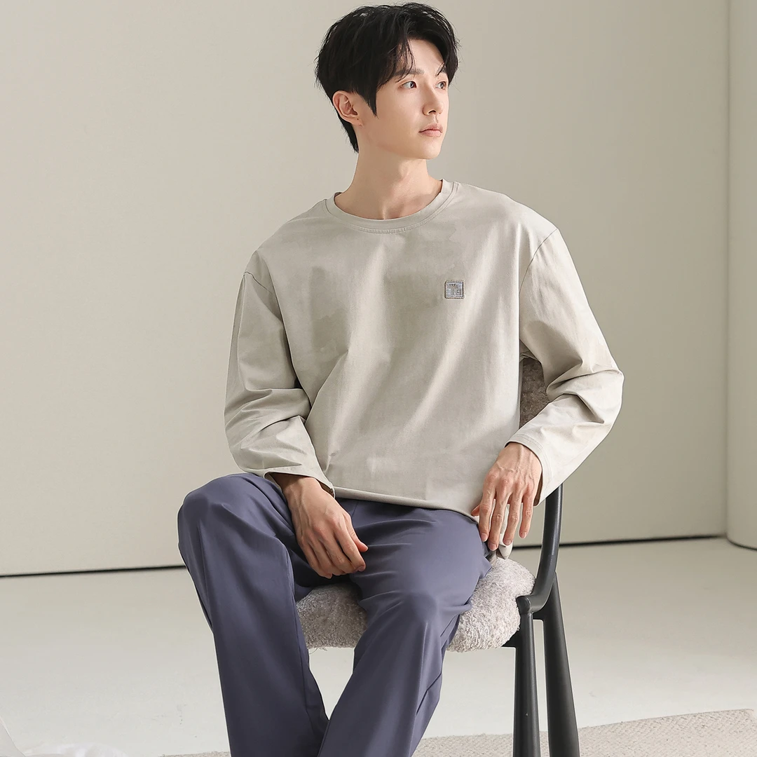 纯棉睡衣男款爆款2025新款纯色简约青少年长袖长裤100%全棉家居服