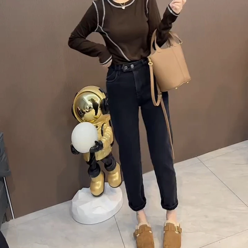 黑灰色高腰宽松显瘦烟管牛仔裤女秋冬加绒大码弹力九分直筒法棍裤