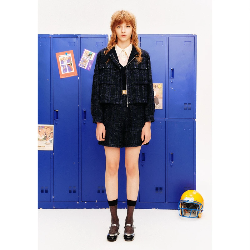 诗篇小香风短款时尚气质复古设计师百褶粗花呢短外套6C34110050