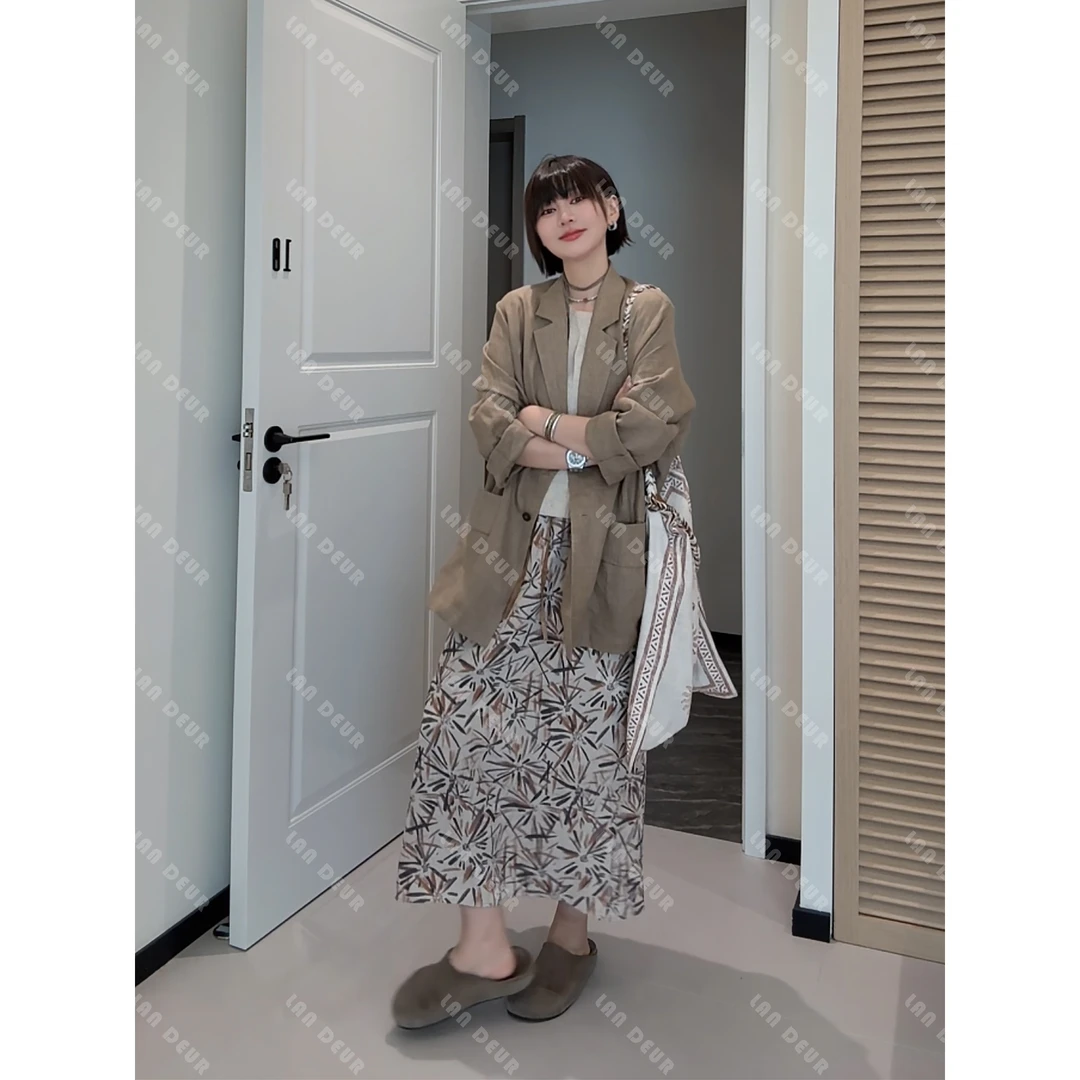 JIUJIU【梦幻游乐园】莱赛尔亚麻气质休闲百搭碎花夏季复古半身裙