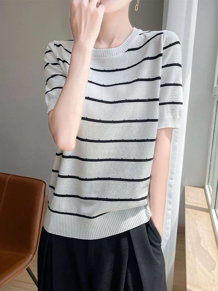 【莱赛尔天丝】夏季新款圆领短袖条纹简约条纹显瘦T恤修身针织2135