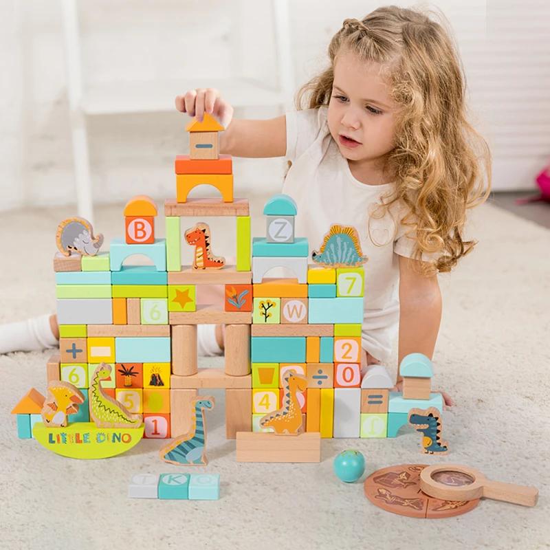 榉木木制恐龙积木2-8岁玩具桶装益智拼装玩具