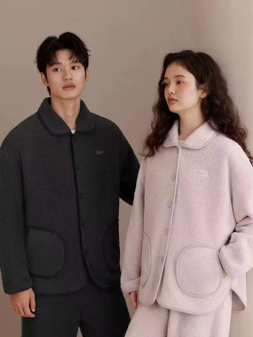 秋冬款杨梅绒时尚翻领加绒睡衣女套装珊瑚绒休闲保暖可外穿家居服