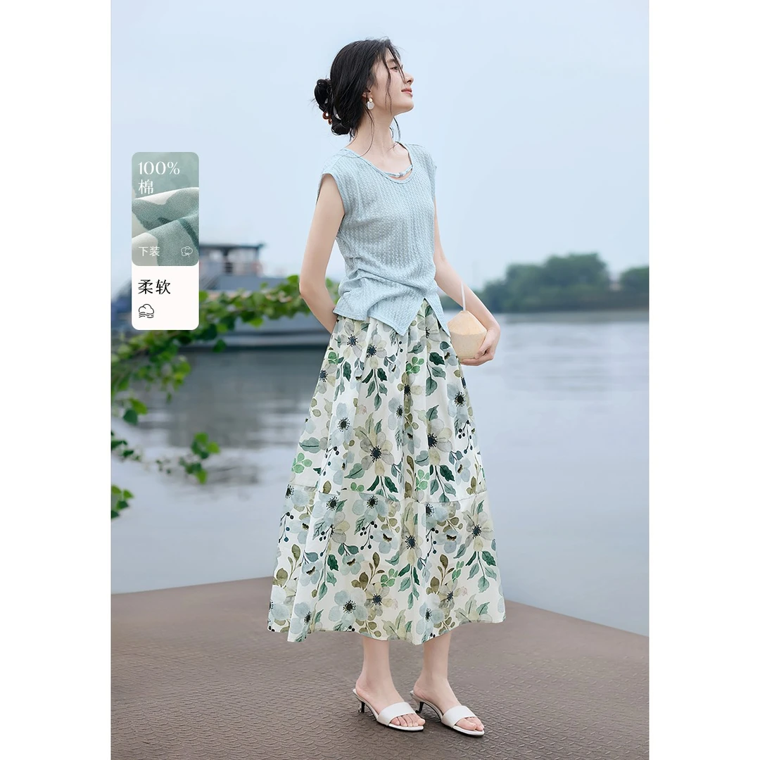 XWI/欣未【下装100%棉】2025夏浪漫优雅针织T恤印花半裙套装5729