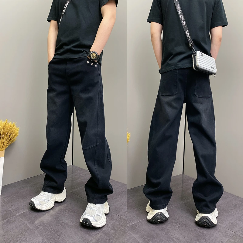 冬季新款复古水洗拼接加绒直筒牛仔裤男宽松阔腿裤黑色抽绳长裤