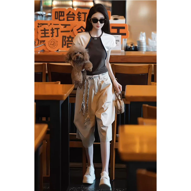 时尚圆领撞色拼接短袖T恤美式显瘦气质穿搭夏季百搭宽松休闲中裤