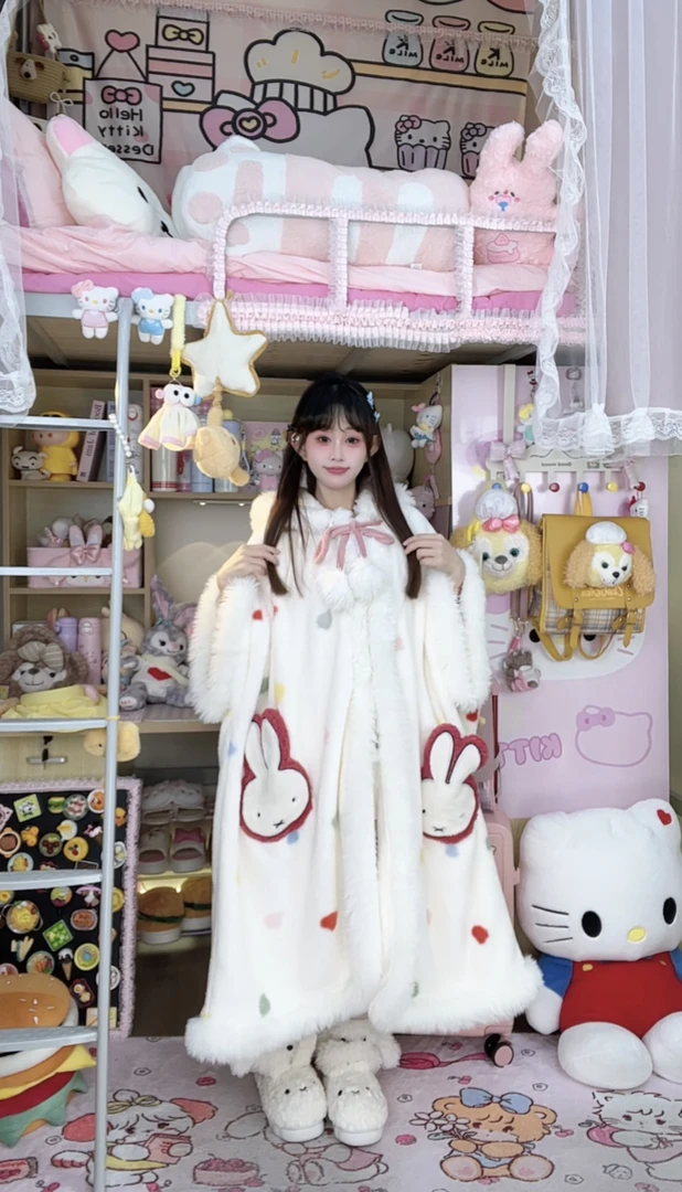 【米菲兔】冬款睡袍长款毛绒睡衣加厚睡衣可外穿甜美可爱宽松显瘦