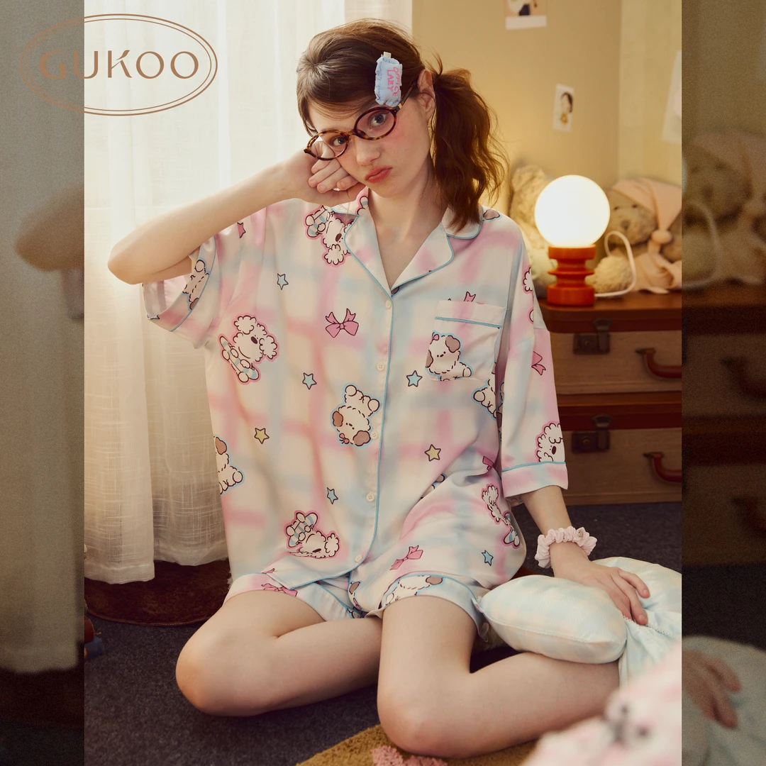Gukoo/果壳miiiiichan系列格纹夏季满印短袖套装薄款甜美欧若风