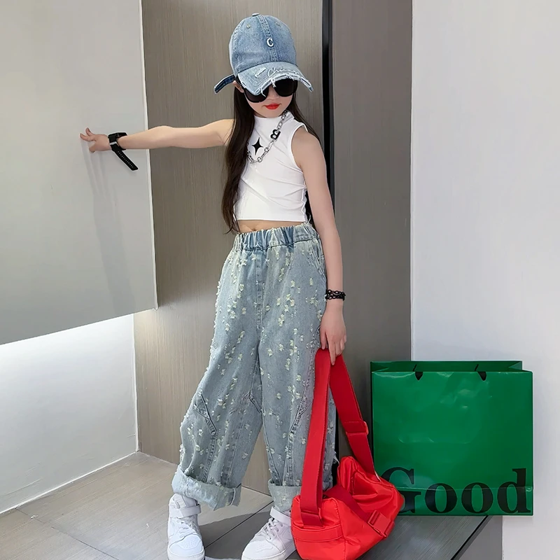 女童裤子春秋款2025新款牛仔裤春季中大童女孩春装儿童老爹牛仔裤