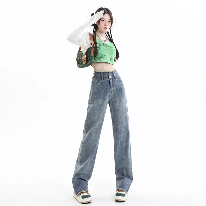 JS56高腰直筒牛仔裤女2025年新春款宽松浅色毛边小个子阔腿裤子女