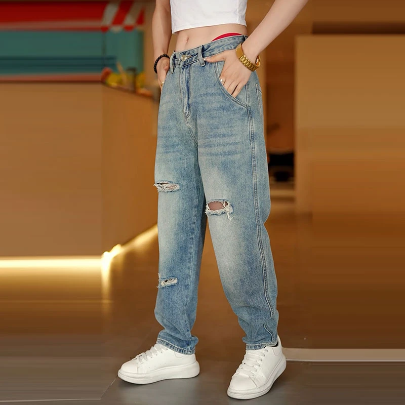 宽松破洞牛仔裤男士2025夏季新款潮牌高街水洗做旧百搭阔腿长裤